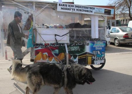 سفر پیاده به مکه از انگلیس با گاری و یک سگ + تصاویر